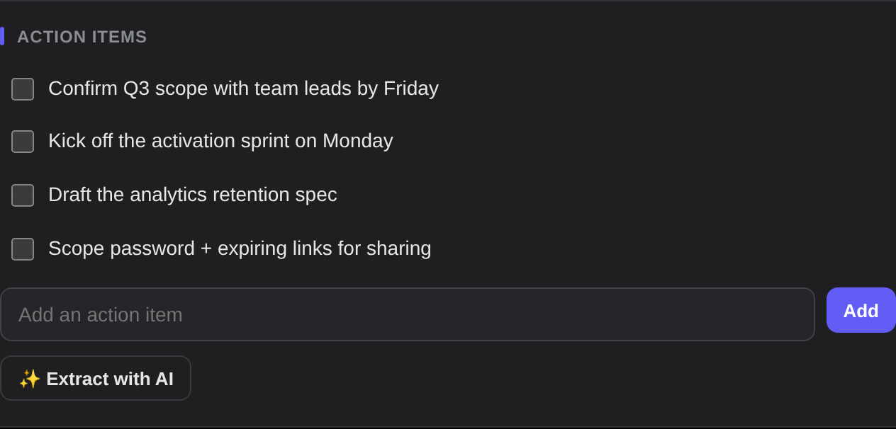 Action items panel in dark mode with AI-extracted next steps.