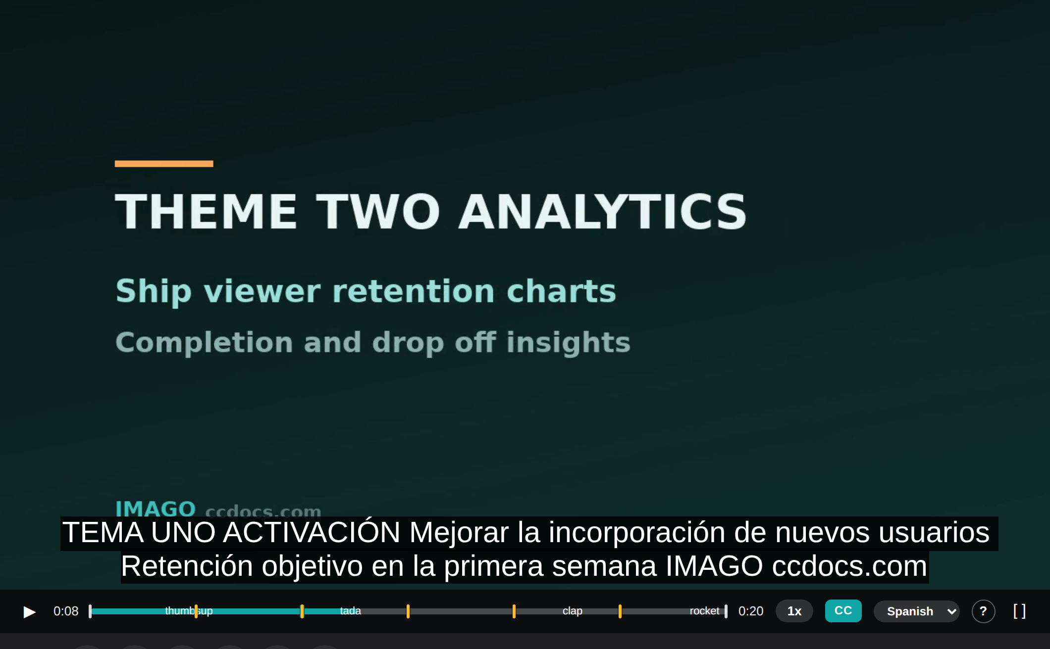 Player with Spanish captions and a caption-language picker, in dark mode.