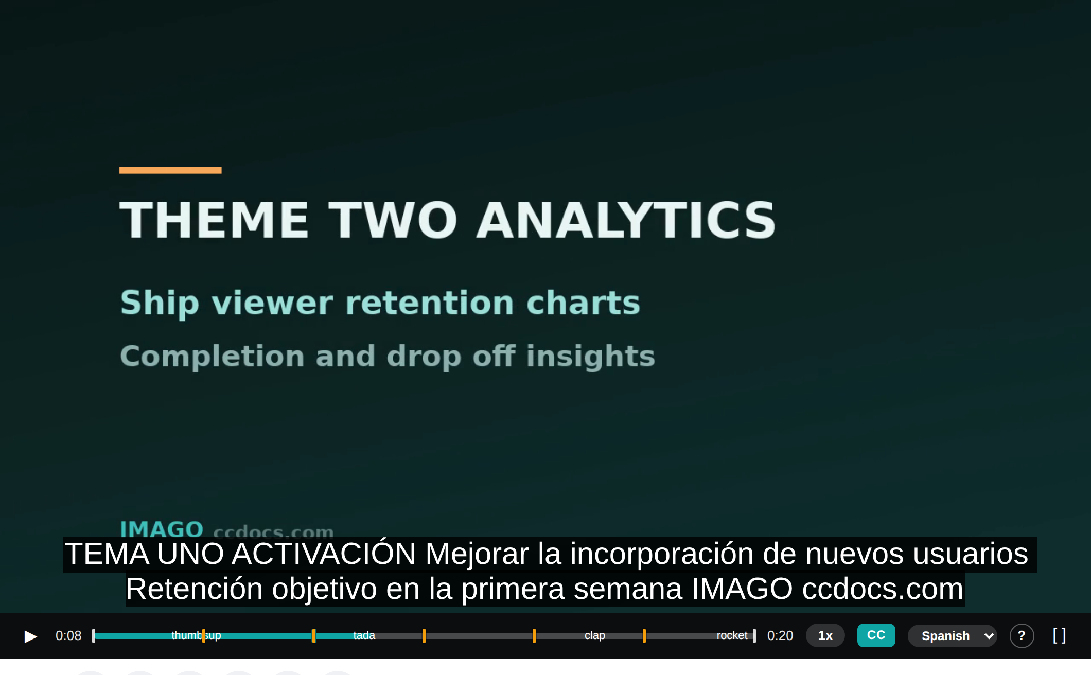Player showing Spanish captions burned over the video with a caption-language dropdown set to Spanish in the controls bar.