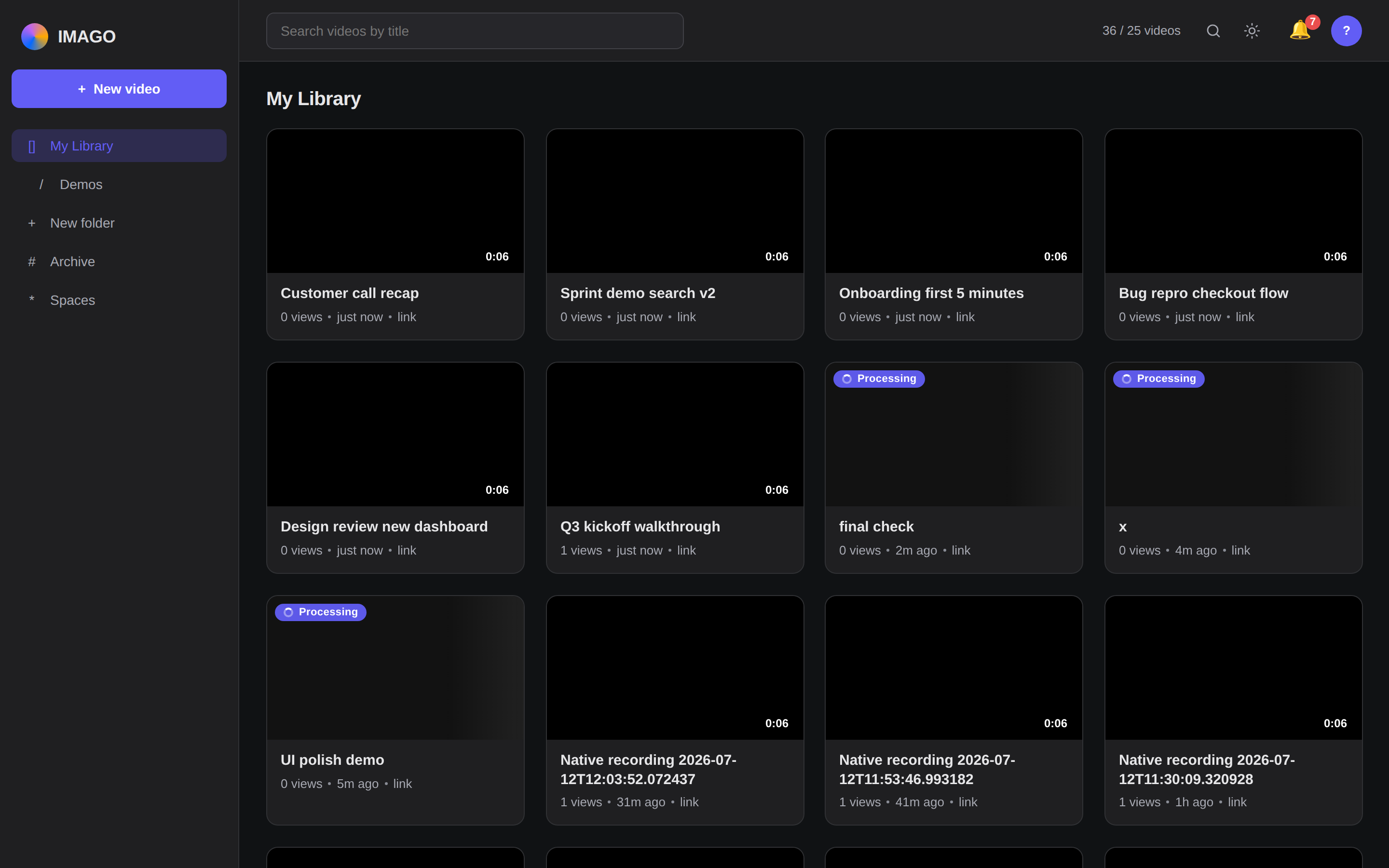 Imago library in dark mode: sidebar and a grid of recordings with Processing badges.