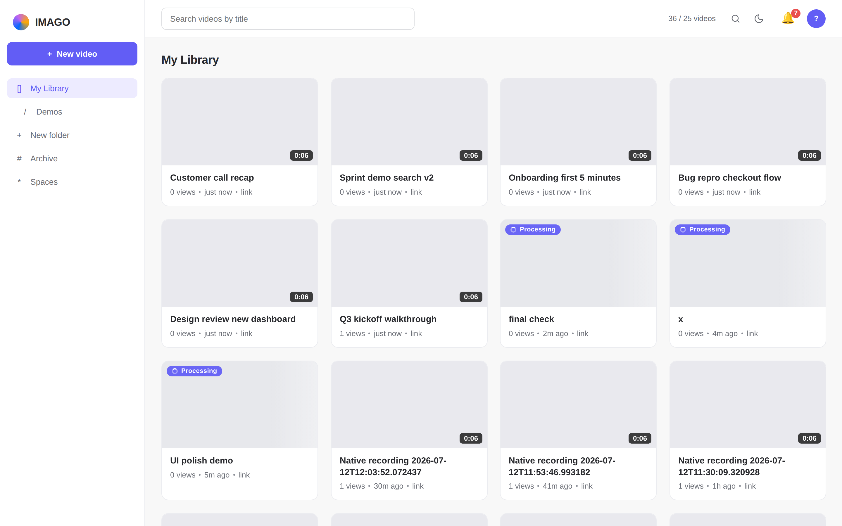 Imago library: sidebar with My Library and folders, a purple New video button, and a grid of recordings with duration and Processing badges.