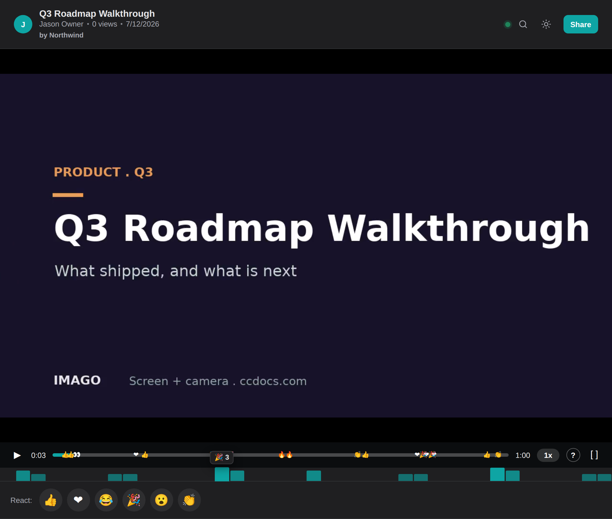 The viewer reaction heatmap in dark mode: a density strip under the scrubber peaking at the moments viewers reacted.