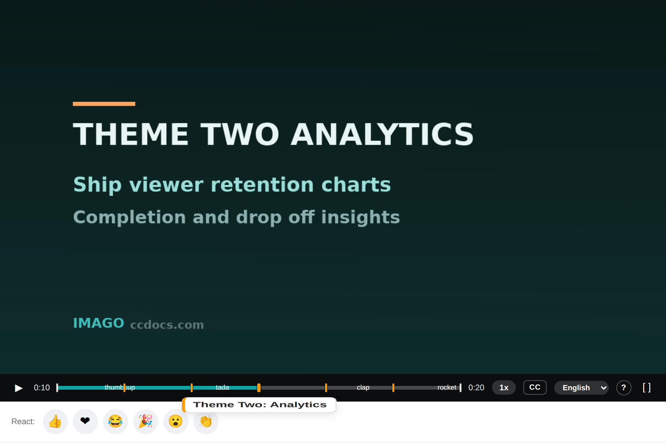 Video player scrubber with amber AI-highlight markers, a floating Theme Two: Analytics label, and the caption controls beside the timeline.