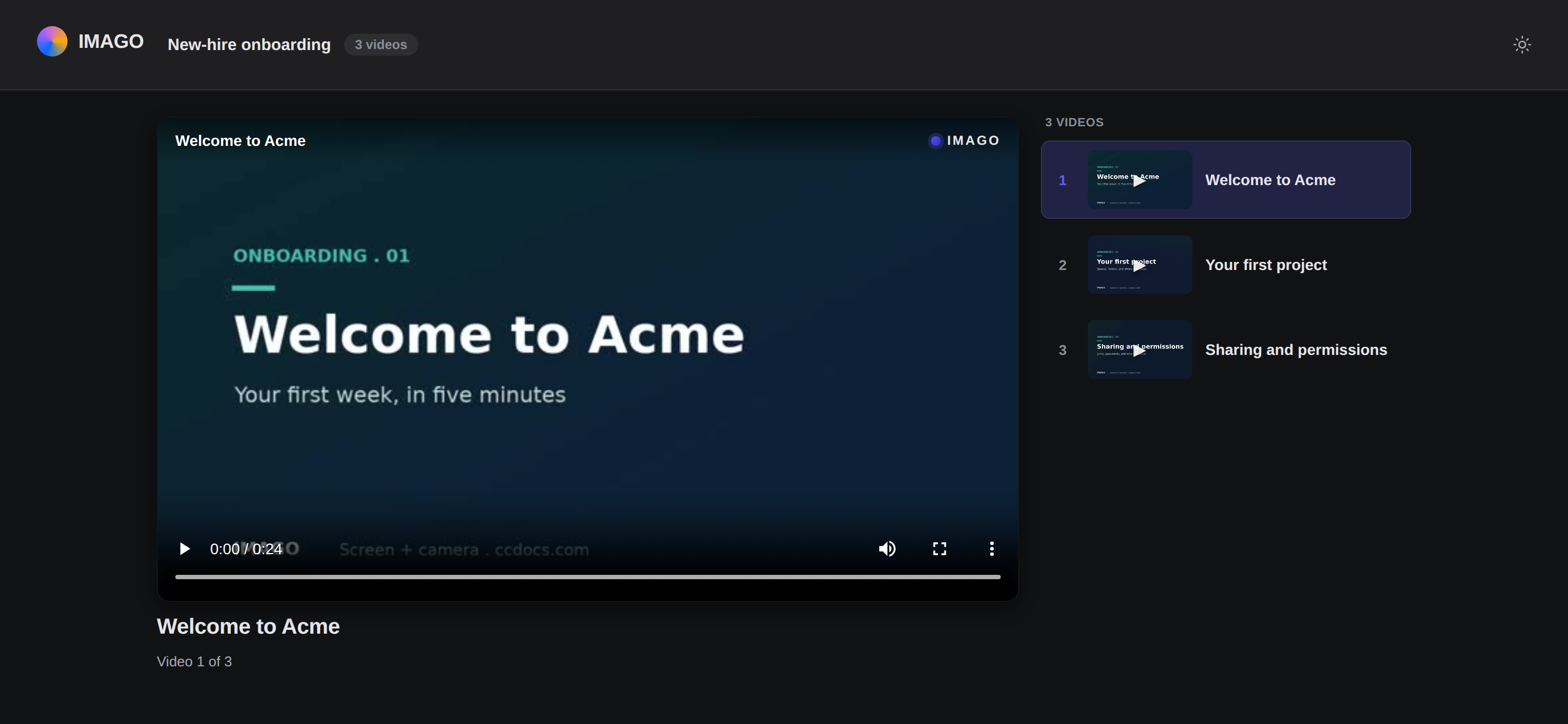 The public playlist page in dark mode: a New-hire onboarding series with a now-playing stage and an ordered list of three episodes.