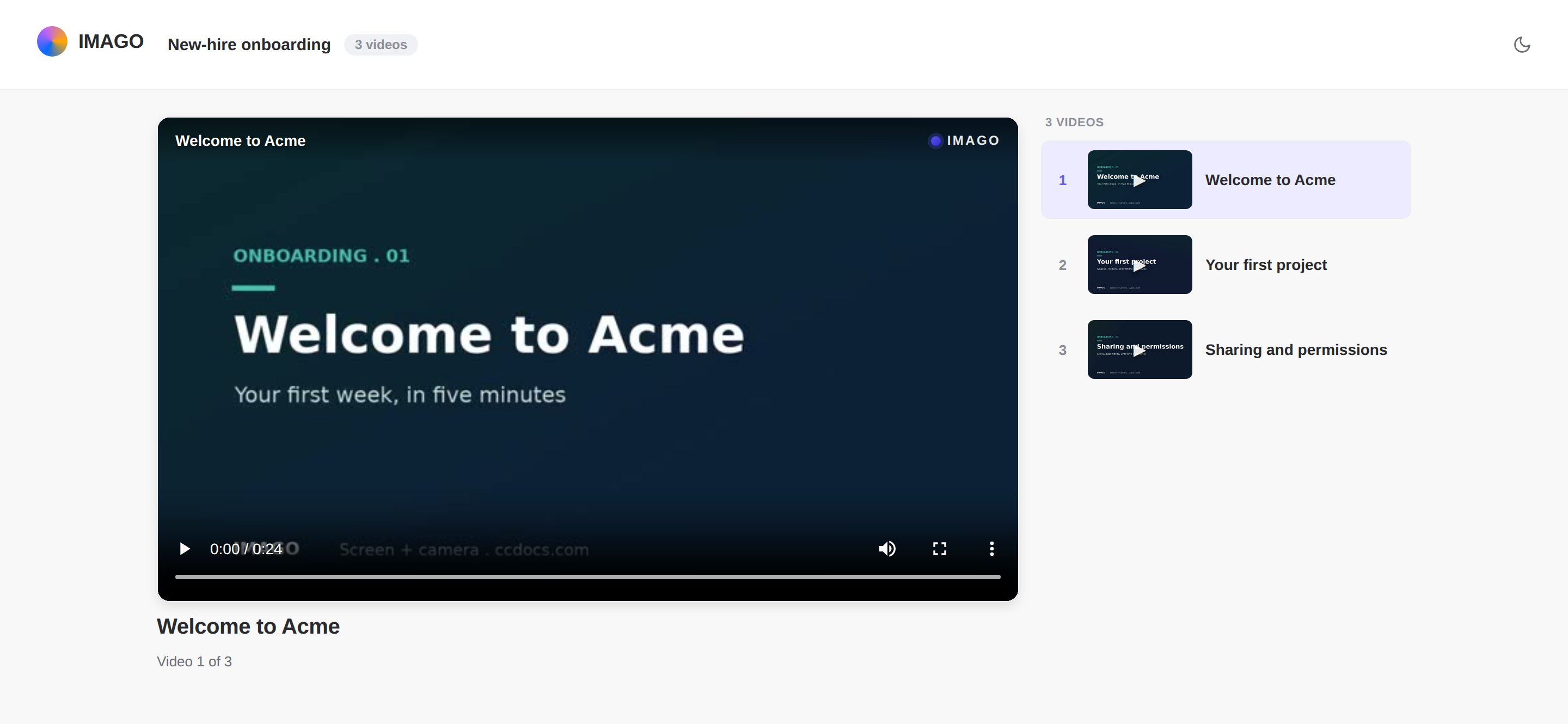 A published Imago playlist page at /p/onboarding: a New-hire onboarding series with a now-playing Welcome to Acme video and an ordered up-next list of three episodes with thumbnails.