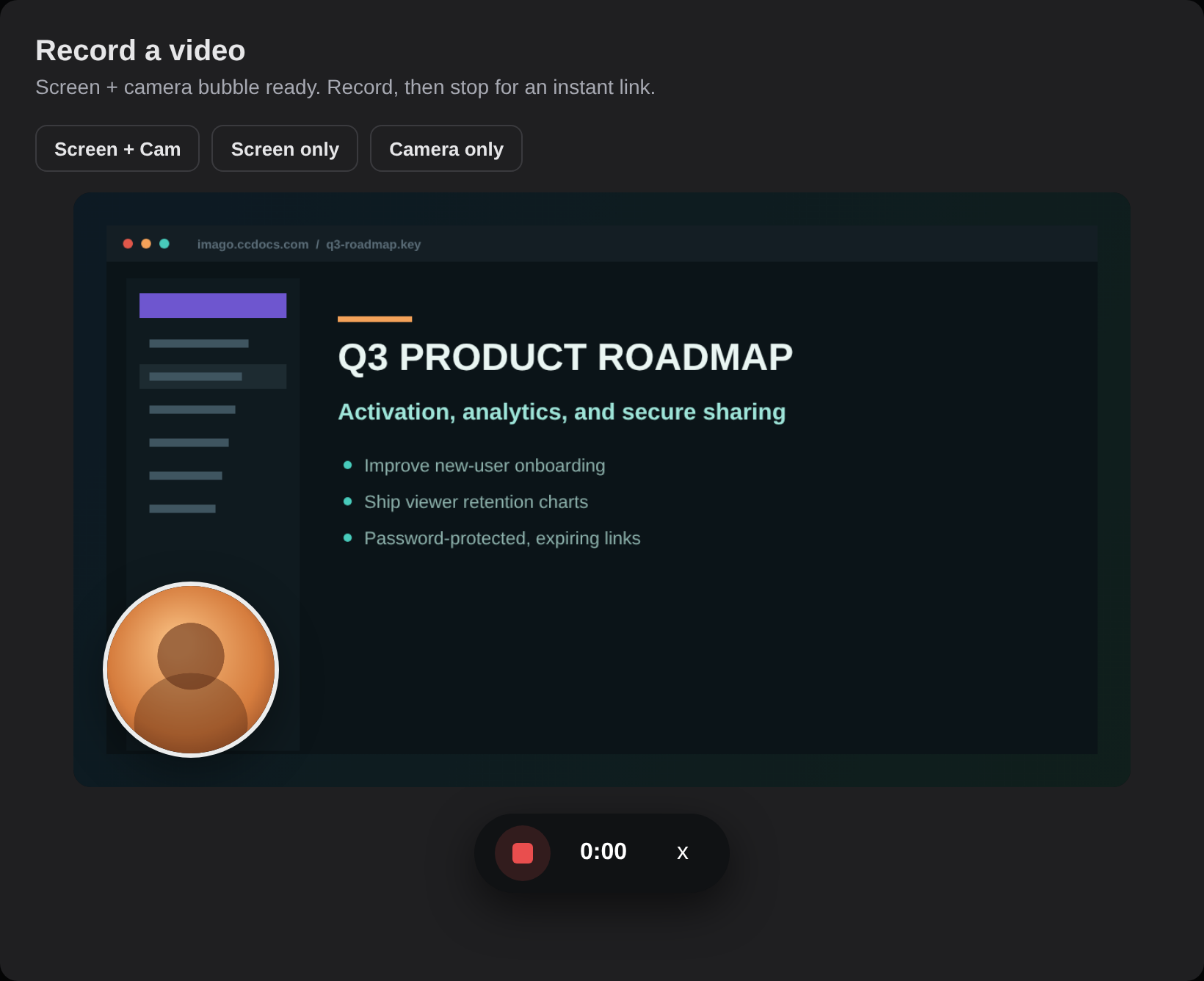 Imago recorder in dark mode with a live screen preview and camera bubble.
