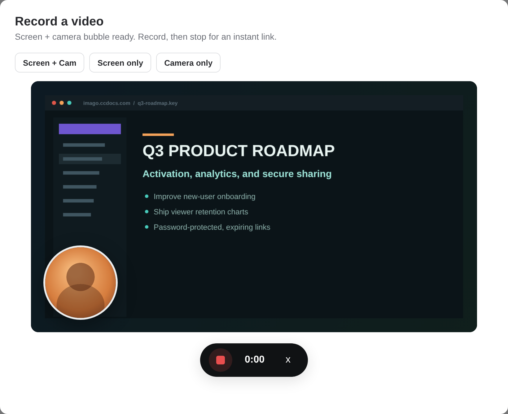 Imago recorder: screen-plus-camera mode with a live preview of the shared screen and a circular camera bubble, mode switches, and a record button.