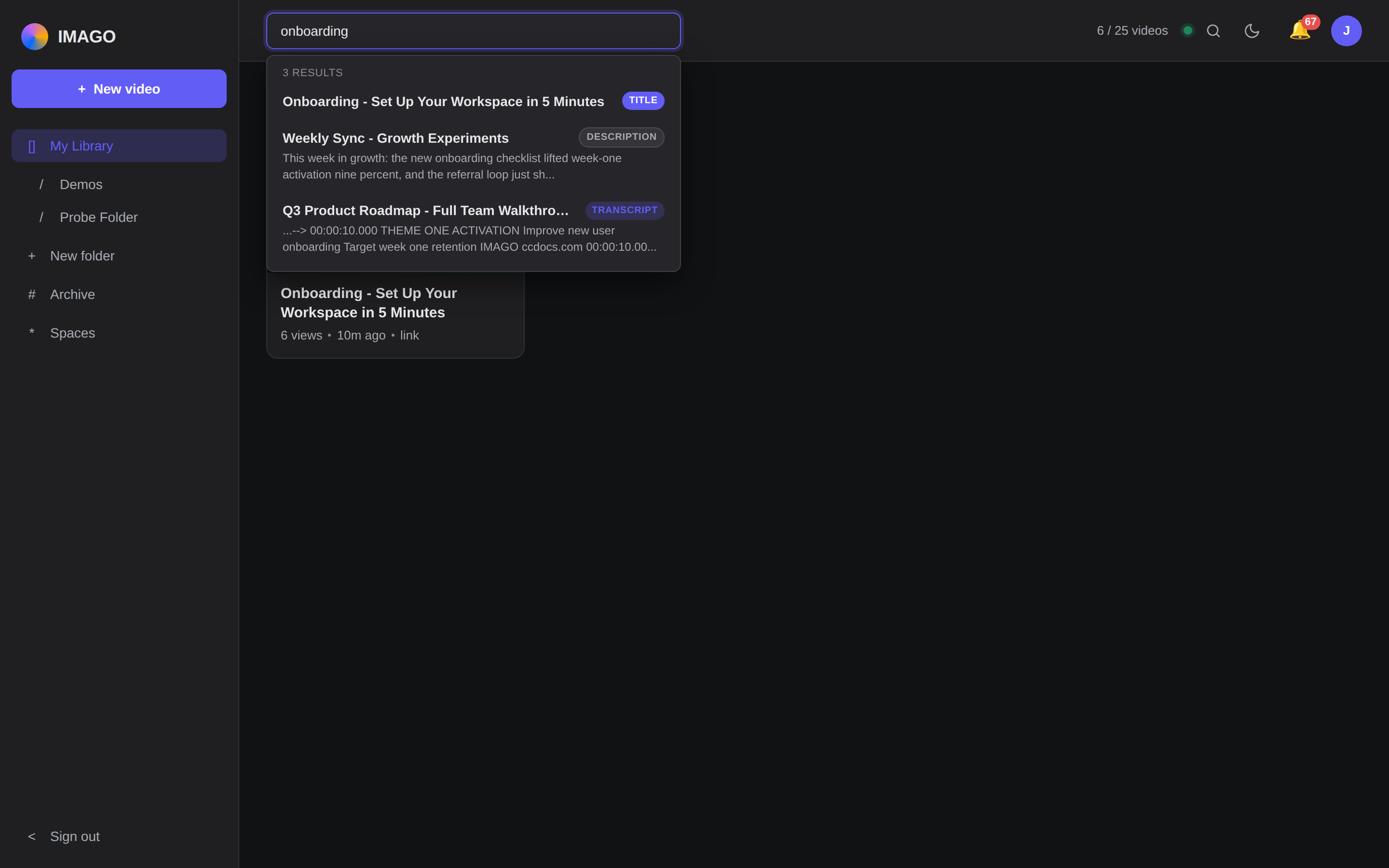 Library search dropdown in dark mode with match badges.