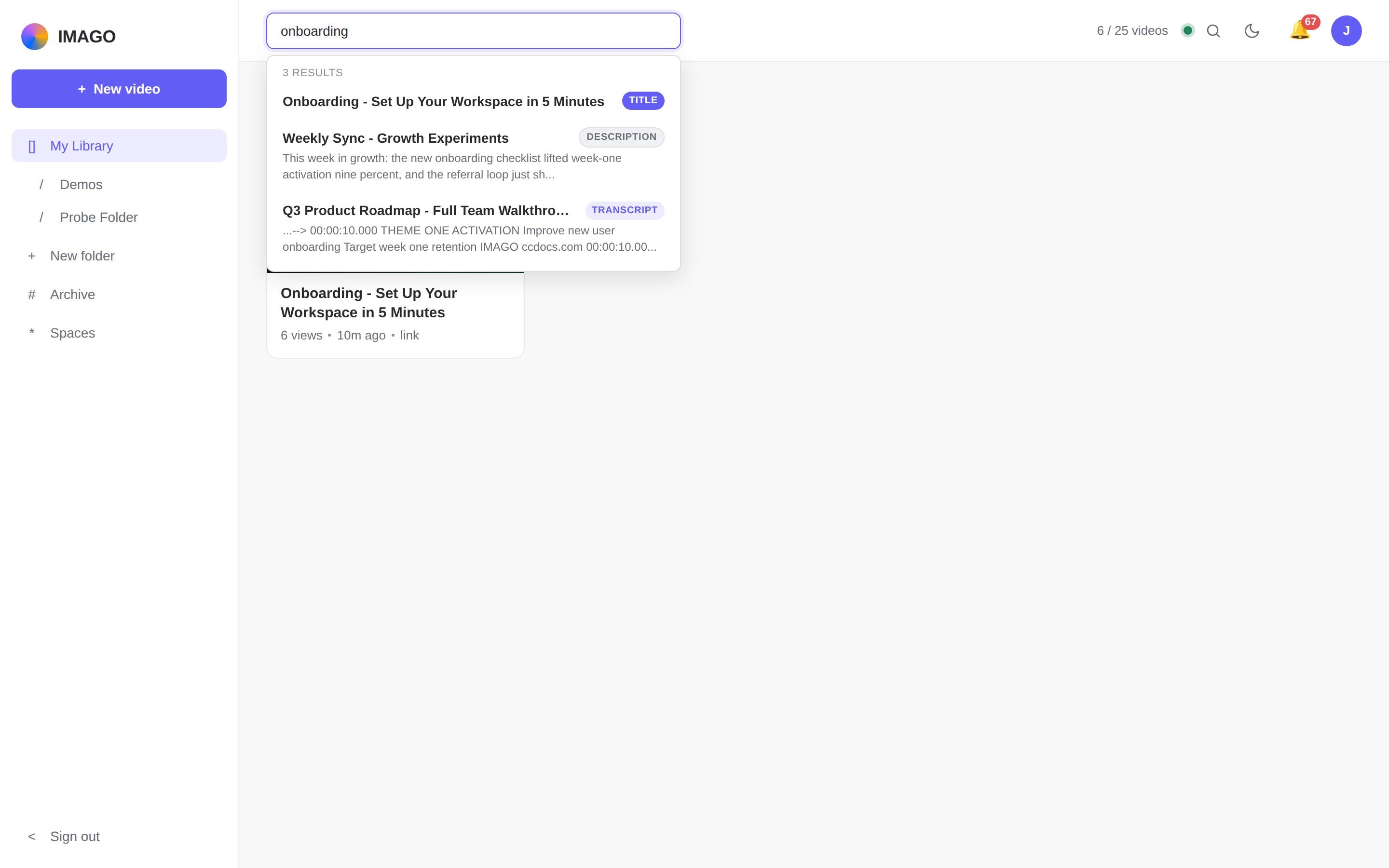 Library search: a dropdown of results with title, description, and transcript match badges over the video grid.