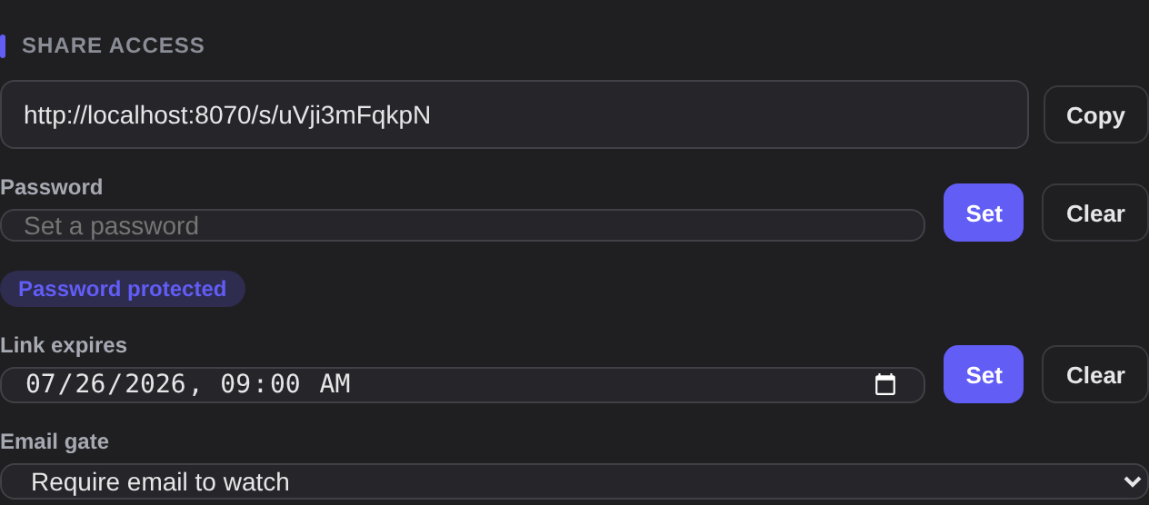 Share access controls in dark mode: password, expiration and email gate.