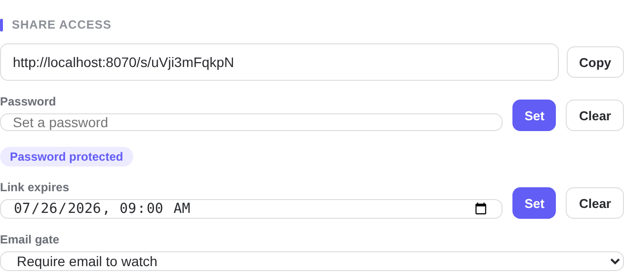 Share access controls: a password-protected link, an expiration date, and an email gate set to require email to watch.
