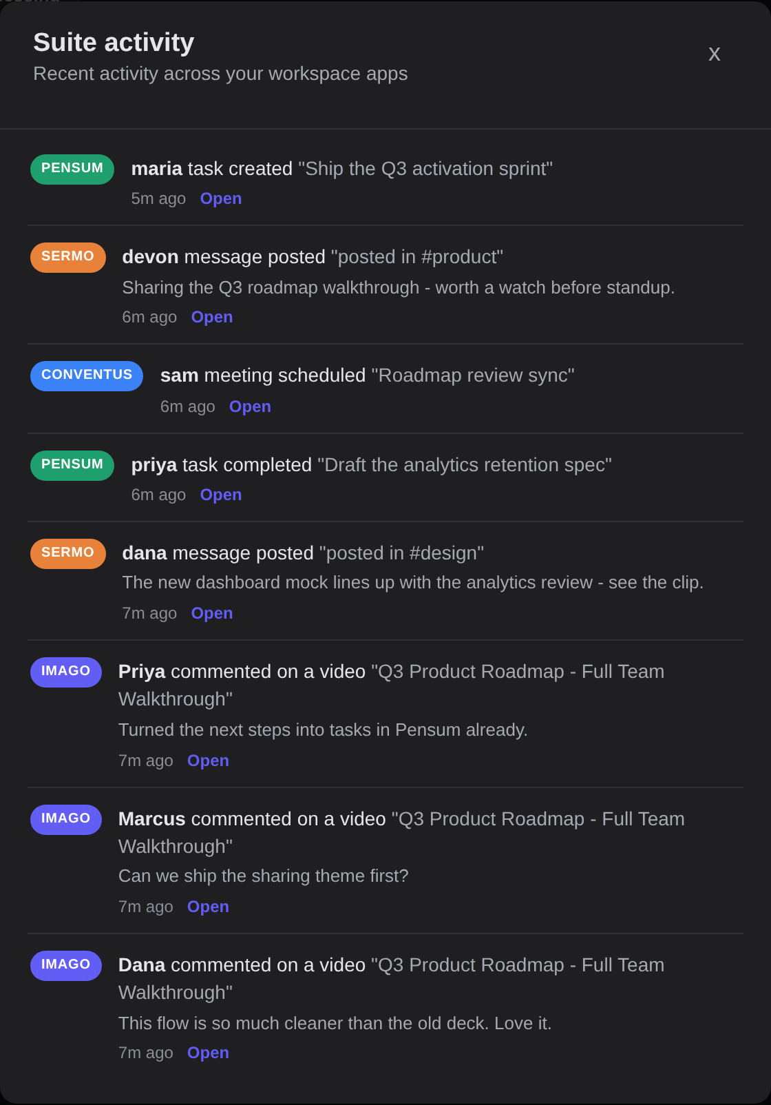 Suite activity feed with per-app badges in dark mode.