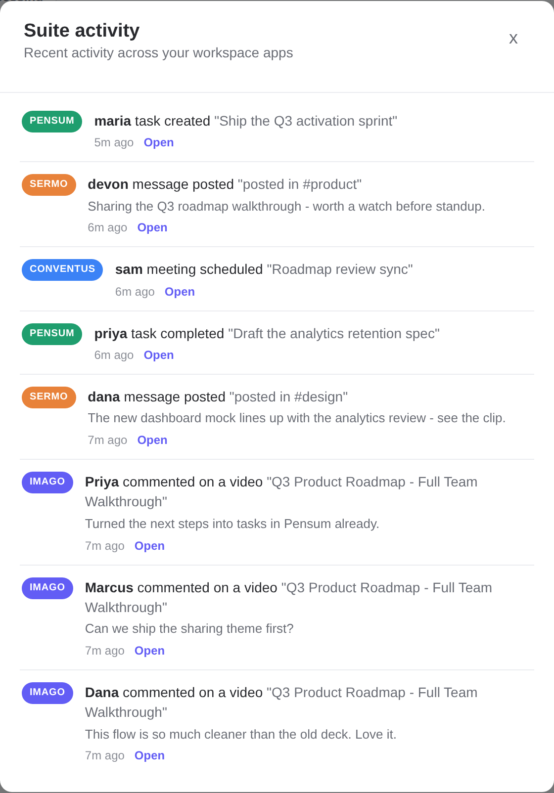 Cross-app suite activity feed: rows from Pensum, Sermo, Conventus and Imago, each with a colored app badge, actor, action and relative time.