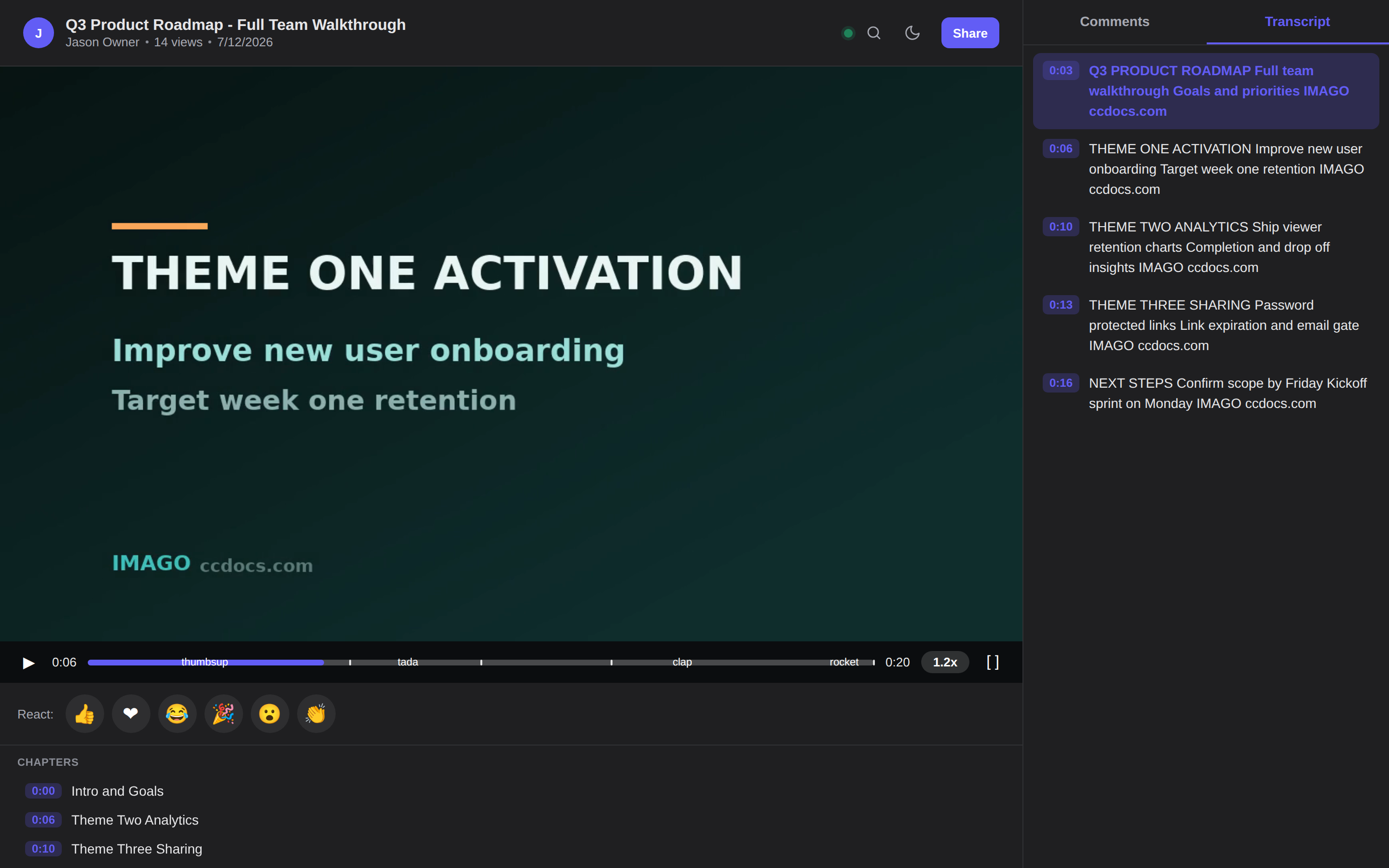 Viewer transcript tab in dark mode with click-to-seek cues.