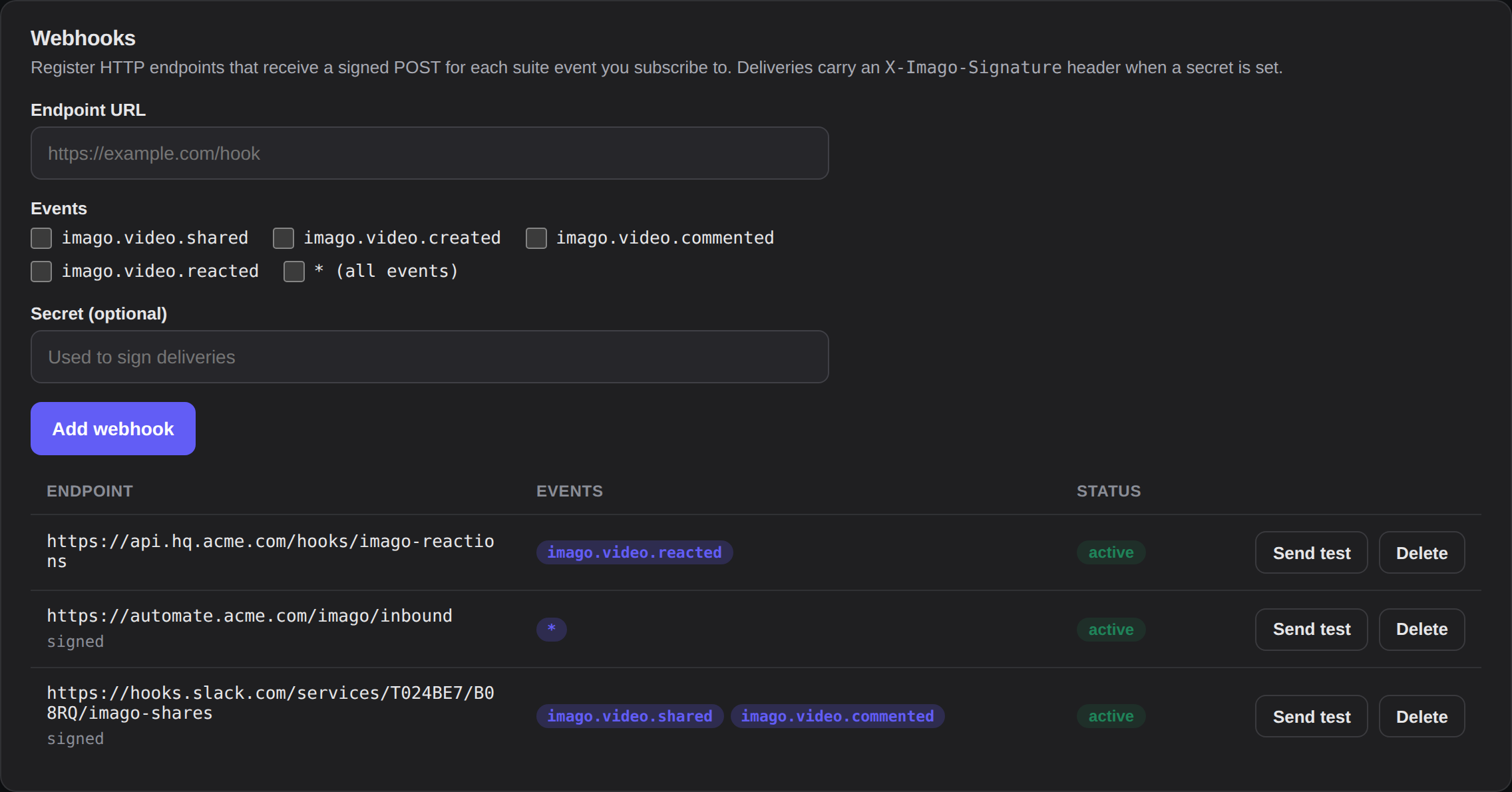 The admin Webhooks panel in dark mode with a registration form and a table of three active, signed webhooks.