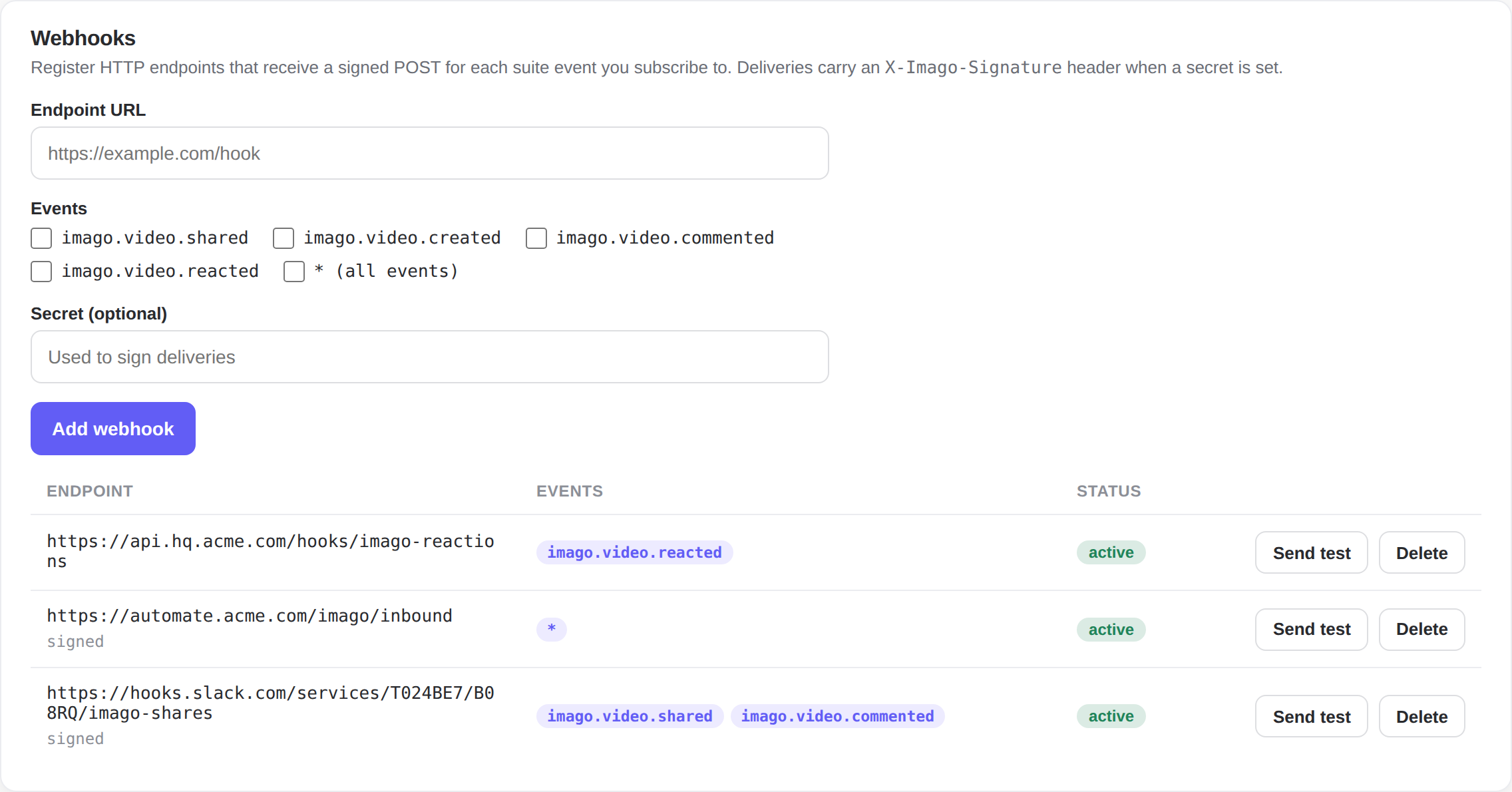 The Imago admin Webhooks panel: a form to register an endpoint URL, event checkboxes and an optional secret, above a table of three active webhooks with their subscribed-event pills, signed indicators, and Send test and Delete actions.